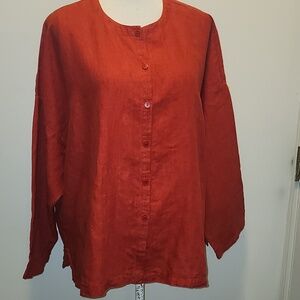 Eileen Fisher Organic Irish Linen Button Front Long Sleeve Top Shirt